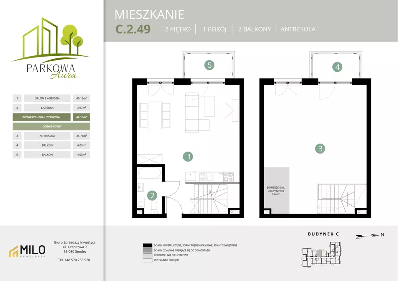 2 pokoje, mieszkanie 83,75 m², piętro 2, oferta nr C.2.49, Parkowa Aura, Wrocław, Maślice, Fabryczna, Aleja Śliwowa 48a