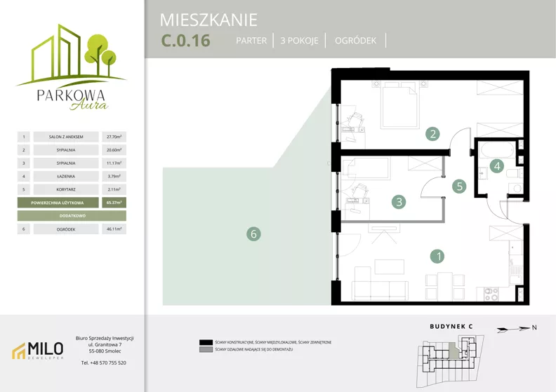3 pokoje, mieszkanie 65,37 m², parter, oferta nr C.0.16, Parkowa Aura, Wrocław, Maślice, Fabryczna, Aleja Śliwowa 48a