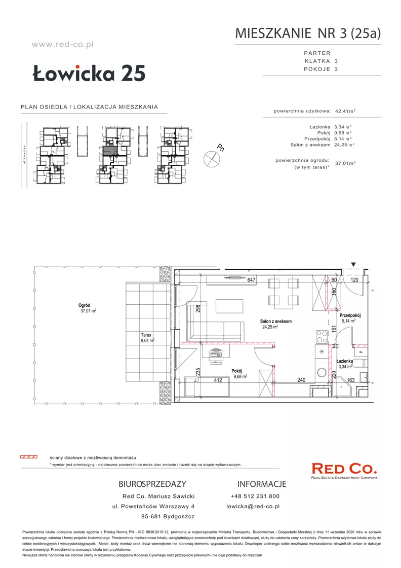 2 pokoje, mieszkanie 42,41 m², parter, oferta nr 3A, Łowicka 25, Bydgoszcz, Brdyujście, ul. Łowicka 25