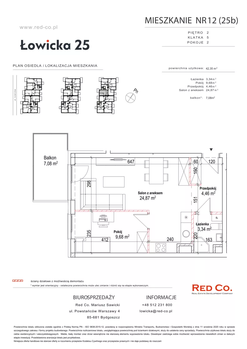 2 pokoje, mieszkanie 42,35 m², piętro 2, oferta nr 12B, Łowicka 25, Bydgoszcz, Brdyujście, ul. Łowicka 25