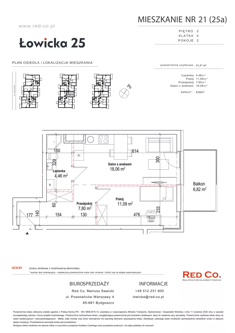 2 pokoje, mieszkanie 41,41 m², piętro 2, oferta nr 21A, Łowicka 25, Bydgoszcz, Brdyujście, ul. Łowicka 25