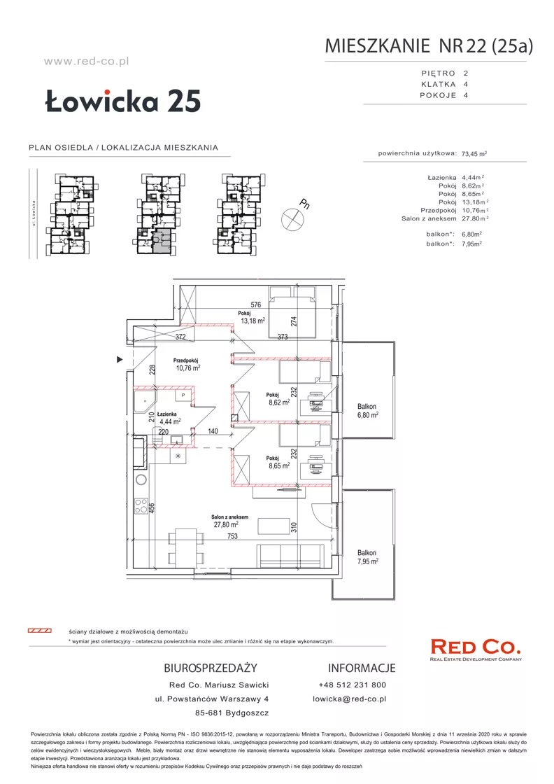 4 pokoje, mieszkanie 73,45 m², piętro 2, oferta nr 22A, Łowicka 25, Bydgoszcz, Brdyujście, ul. Łowicka 25