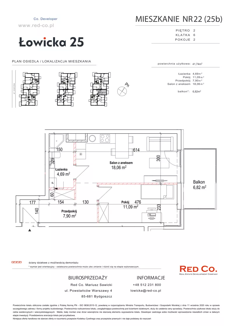 2 pokoje, mieszkanie 41,74 m², piętro 2, oferta nr 22B, Łowicka 25, Bydgoszcz, Brdyujście, ul. Łowicka 25