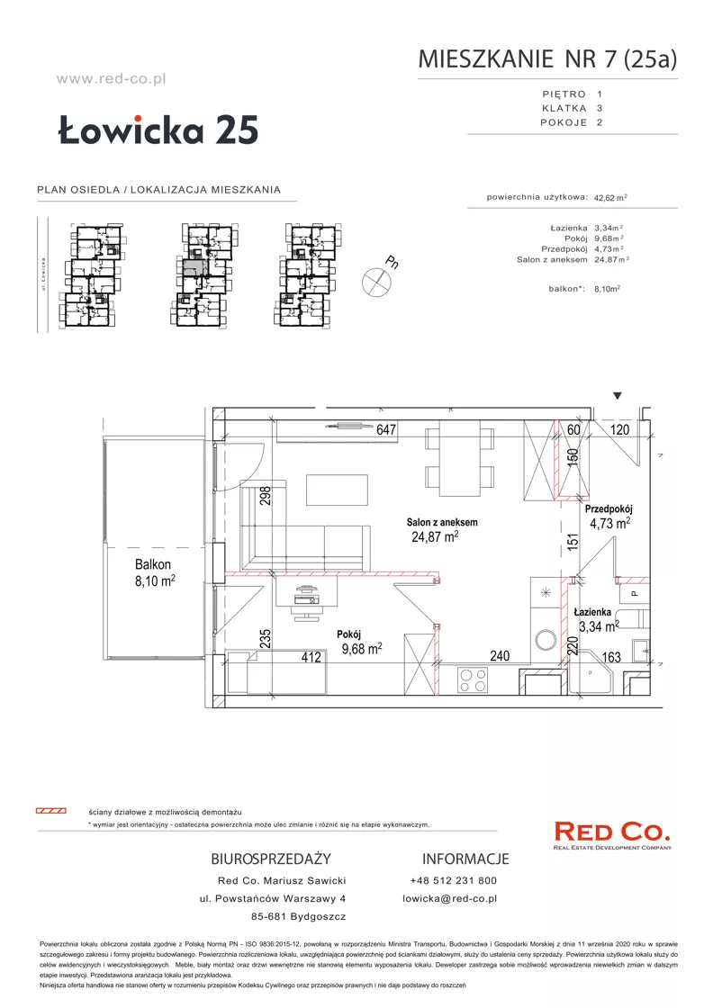 2 pokoje, mieszkanie 42,62 m², piętro 1, oferta nr 7A, Łowicka 25, Bydgoszcz, Brdyujście, ul. Łowicka 25