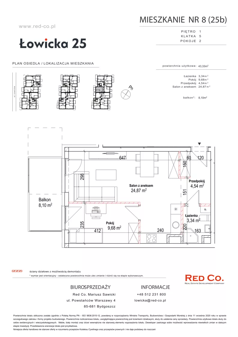 2 pokoje, mieszkanie 42,43 m², piętro 1, oferta nr 8B, Łowicka 25, Bydgoszcz, Brdyujście, ul. Łowicka 25