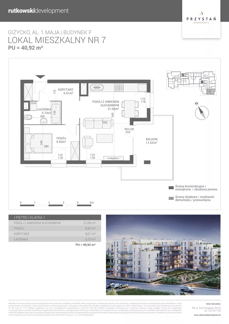 2 pokoje, mieszkanie 40,92 m², piętro 1, oferta nr M7, Apartamenty Przystań - Etap F, Giżycko, al. 1 Maja 34