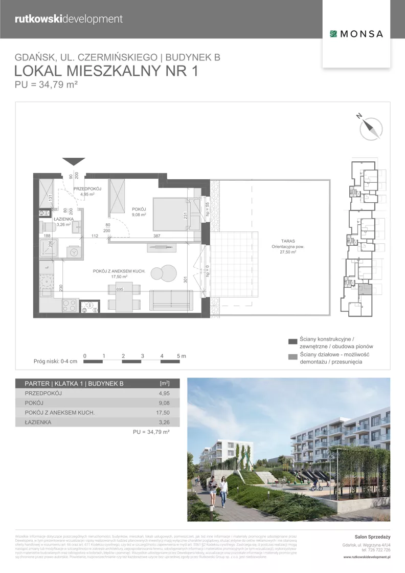 2 pokoje, mieszkanie 34,79 m², parter, oferta nr M1, Monsa etap 6, Gdańsk, Jasień, Rębowo, ul. Konrada Guderskiego