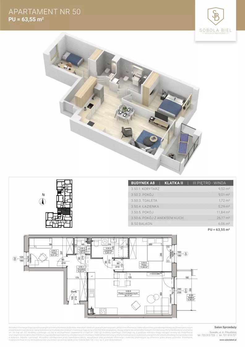 3 pokoje, mieszkanie 63,55 m², piętro 3, oferta nr M50, Sobola Biel - Budynek A8, Suwałki, ul. Aleksandry Piłsudskiej