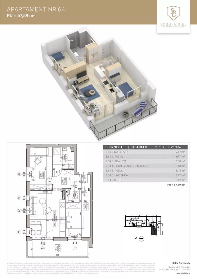 3 pokoje, mieszkanie 57,59 m², piętro 5, oferta nr M64, Sobola Biel - Budynek A8, Suwałki, ul. Aleksandry Piłsudskiej