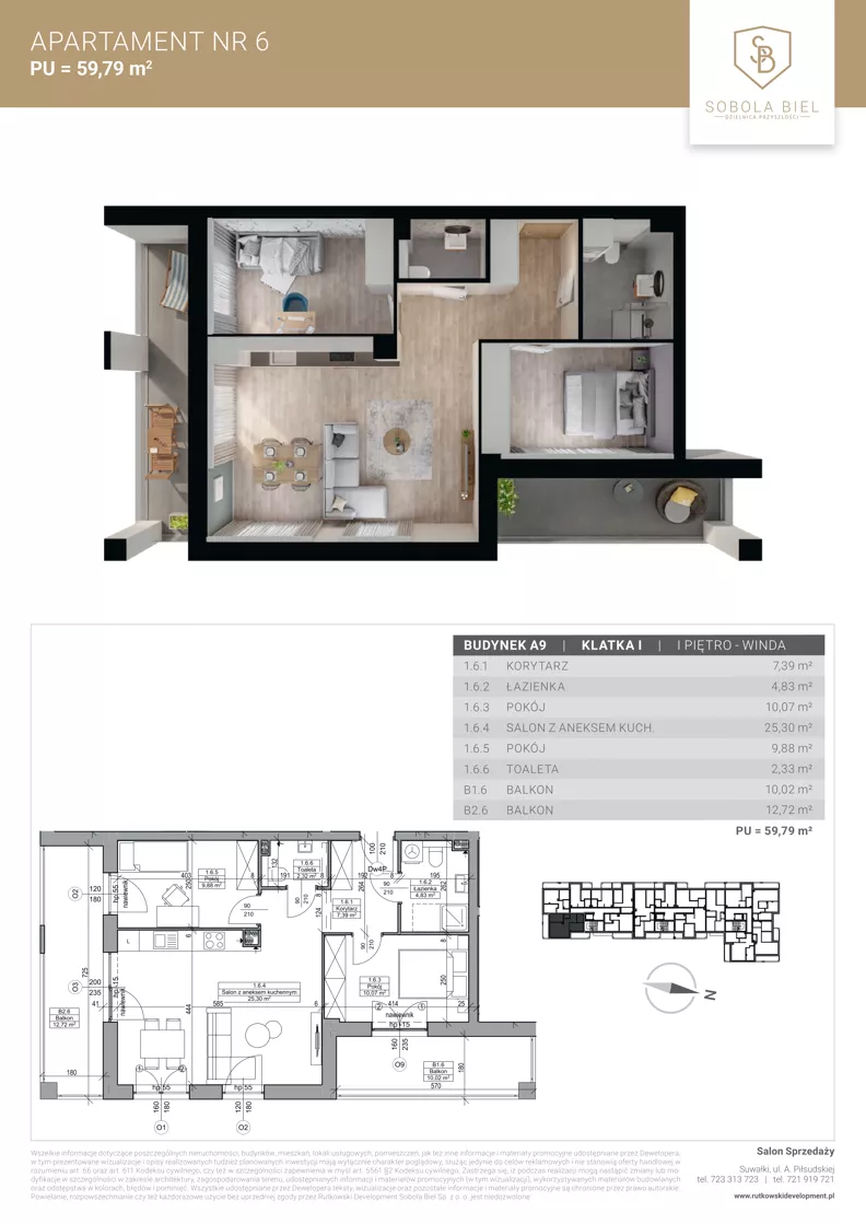 3 pokoje, mieszkanie 59,79 m², piętro 1, oferta nr M6, Sobola Biel - Budynek A9, Suwałki, ul. Aleksandry Piłsudskiej
