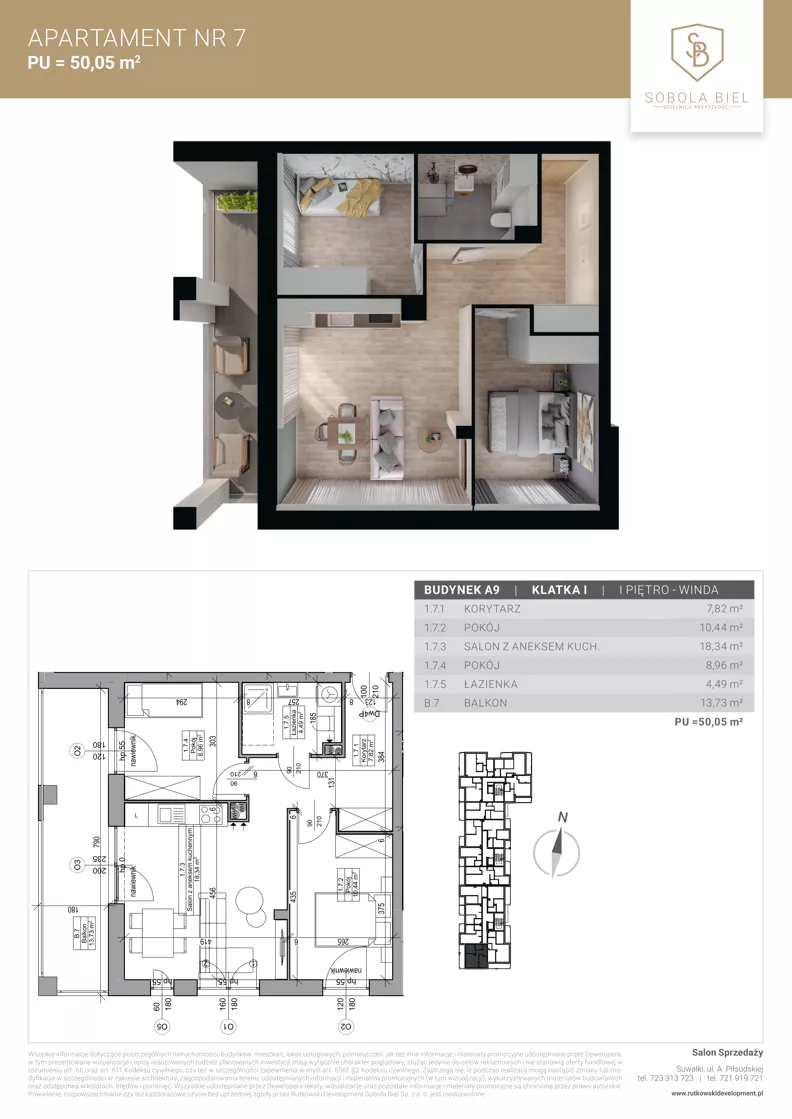 3 pokoje, mieszkanie 50,05 m², piętro 10, oferta nr M7, Sobola Biel - Budynek A9, Suwałki, ul. Aleksandry Piłsudskiej