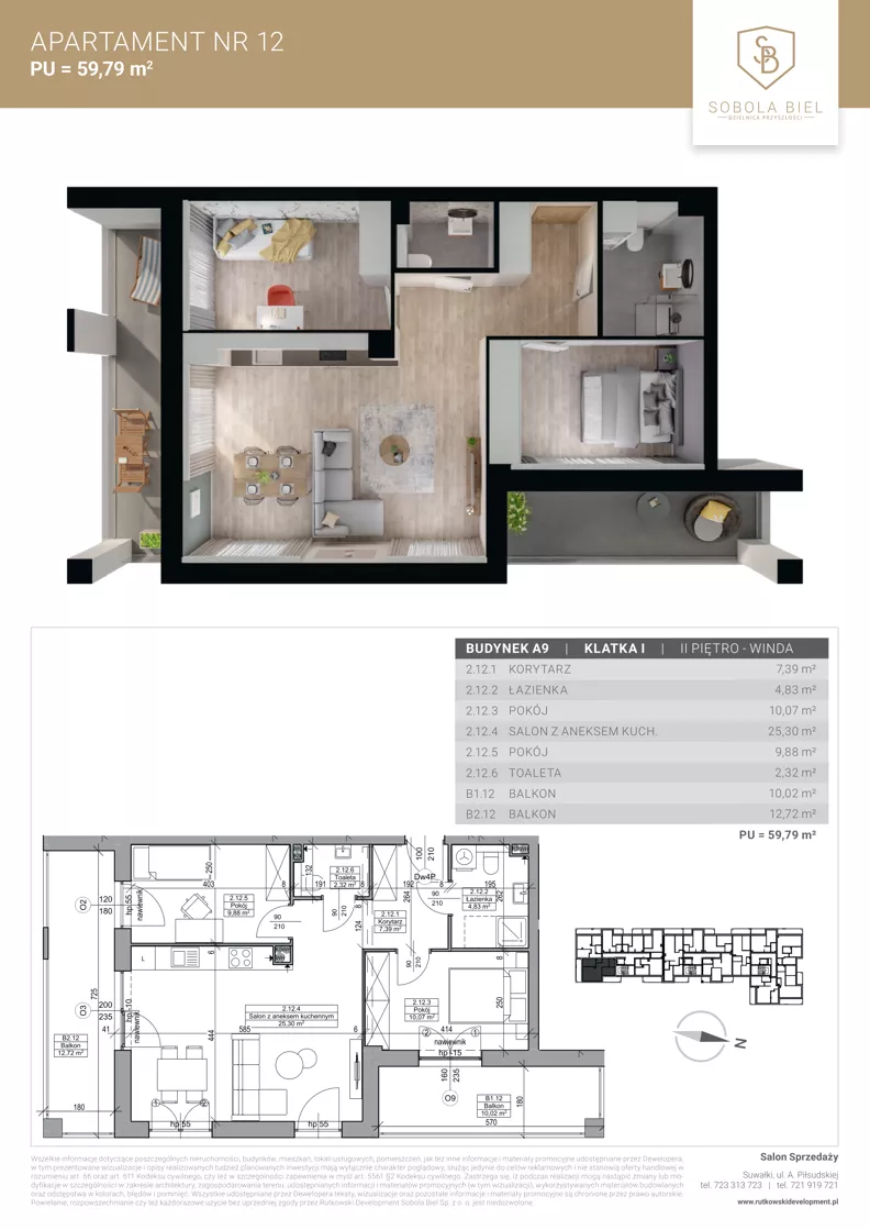 3 pokoje, mieszkanie 59,79 m², piętro 2, oferta nr M12, Sobola Biel - Budynek A9, Suwałki, ul. Aleksandry Piłsudskiej