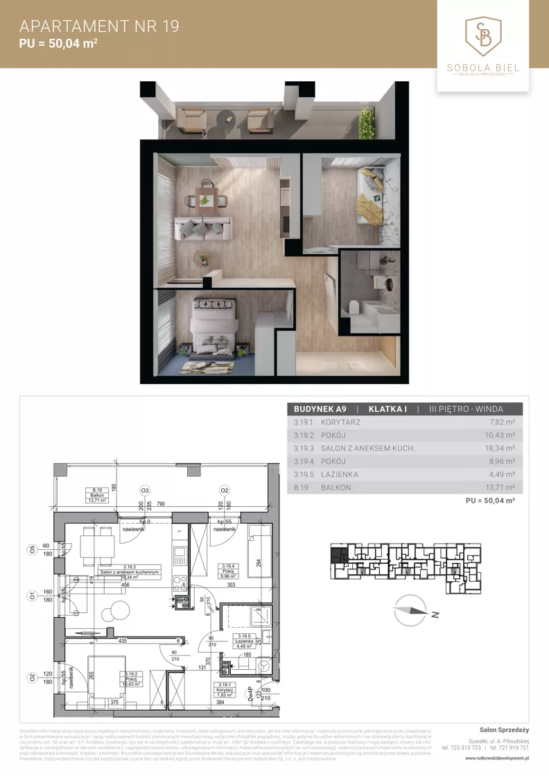 3 pokoje, mieszkanie 50,04 m², piętro 3, oferta nr M19, Sobola Biel - Budynek A9, Suwałki, ul. Aleksandry Piłsudskiej