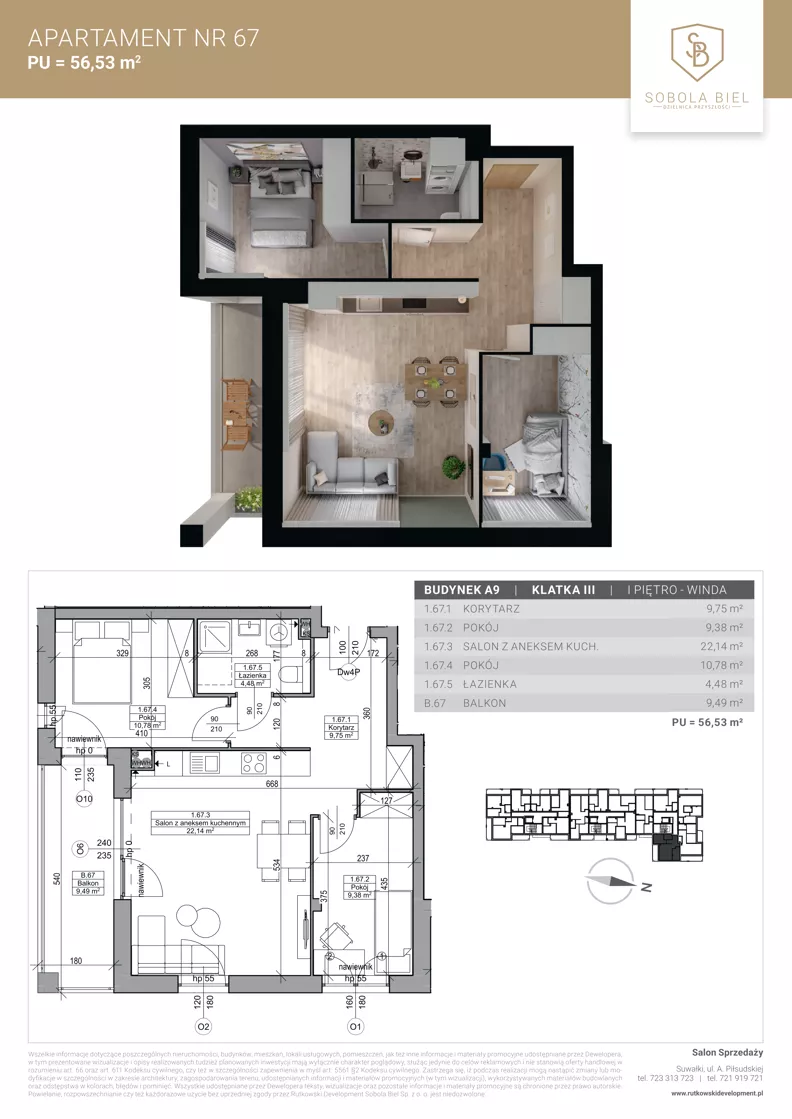 3 pokoje, mieszkanie 56,53 m², piętro 1, oferta nr M67, Sobola Biel - Budynek A9, Suwałki, ul. Aleksandry Piłsudskiej