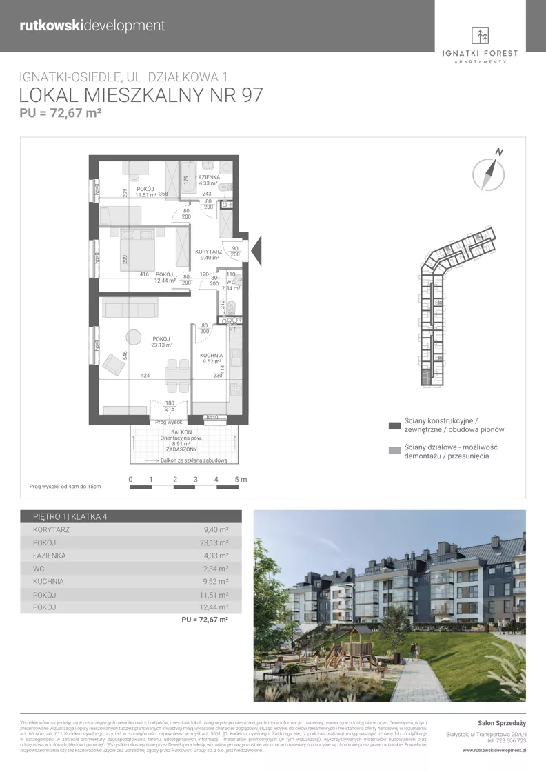 3 pokoje, mieszkanie 72,67 m², piętro 1, oferta nr M97, Ignatki Forest - Etap 2, Ignatki-Osiedle, ul. Działkowa 1