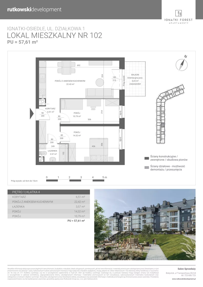 3 pokoje, mieszkanie 57,61 m², piętro 1, oferta nr M102, Ignatki Forest - Etap 2, Ignatki-Osiedle, ul. Działkowa 1