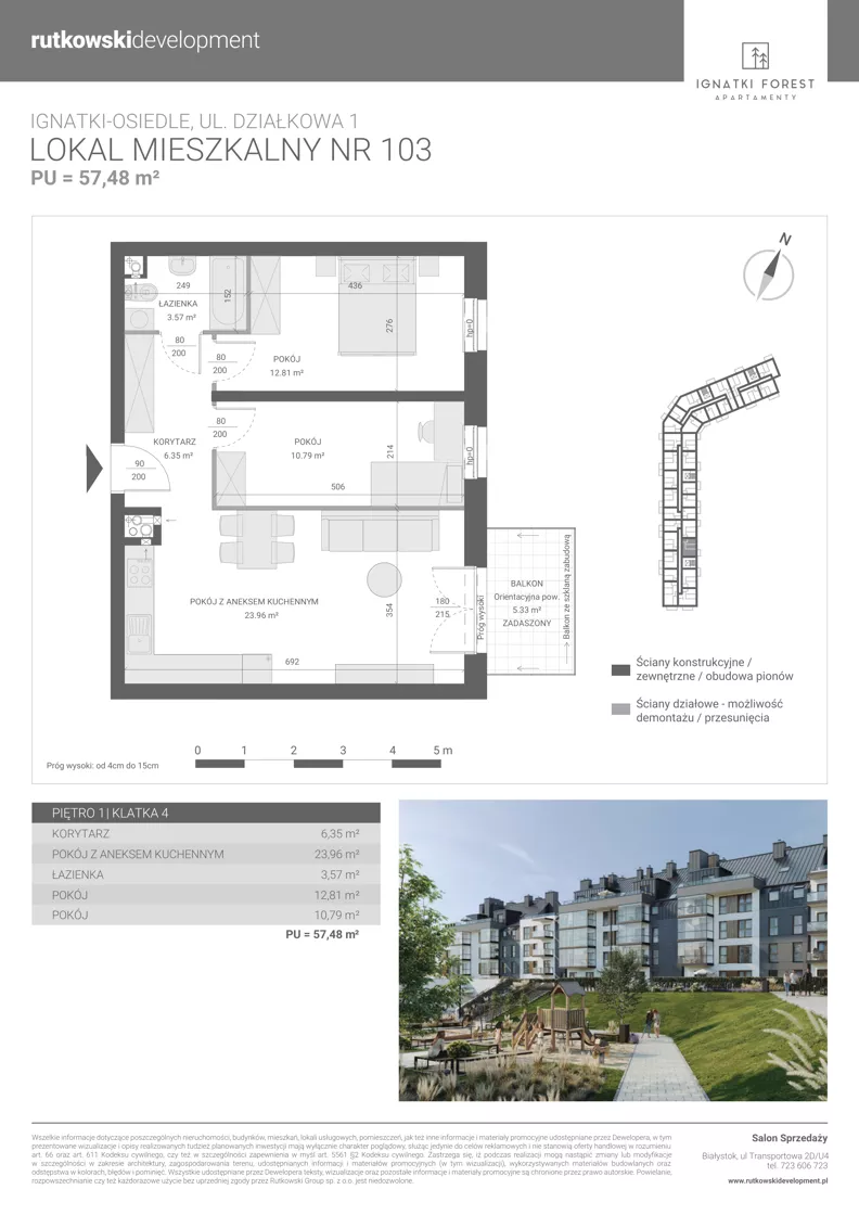 3 pokoje, mieszkanie 57,48 m², piętro 1, oferta nr M103, Ignatki Forest - Etap 2, Ignatki-Osiedle, ul. Działkowa 1