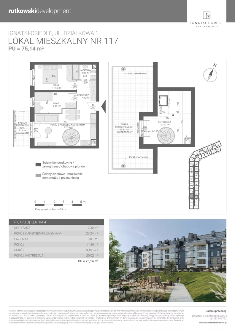 3 pokoje, mieszkanie 75,14 m², piętro 3, oferta nr M117, Ignatki Forest - Etap 2, Ignatki-Osiedle, ul. Działkowa 1