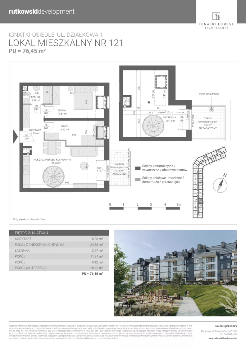 3 pokoje, mieszkanie 76,45 m², piętro 3, oferta nr M121, Ignatki Forest - Etap 2, Ignatki-Osiedle, ul. Działkowa 1