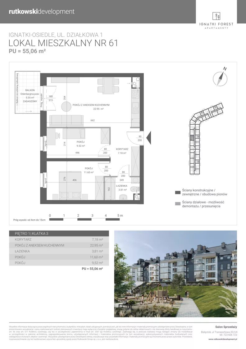 3 pokoje, mieszkanie 55,06 m², piętro 1, oferta nr M61, Ignatki Forest - Etap 2, Ignatki-Osiedle, ul. Działkowa 1