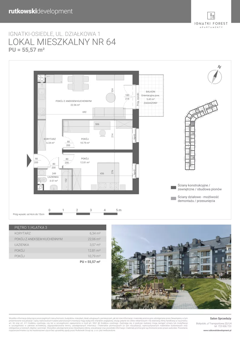 3 pokoje, mieszkanie 55,57 m², piętro 1, oferta nr M64, Ignatki Forest - Etap 2, Ignatki-Osiedle, ul. Działkowa 1