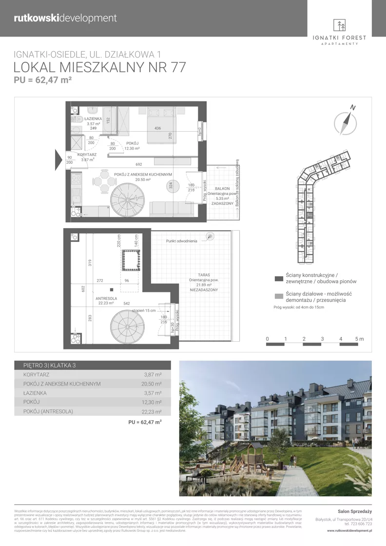 3 pokoje, mieszkanie 62,47 m², piętro 3, oferta nr M77, Ignatki Forest - Etap 2, Ignatki-Osiedle, ul. Działkowa 1