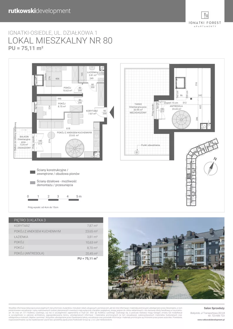 3 pokoje, mieszkanie 75,11 m², piętro 3, oferta nr M80, Ignatki Forest - Etap 2, Ignatki-Osiedle, ul. Działkowa 1