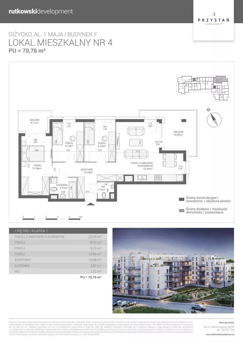 4 pokoje, mieszkanie 70,76 m², piętro 1, oferta nr M4, Apartamenty Przystań - Etap F, Giżycko, al. 1 Maja 34