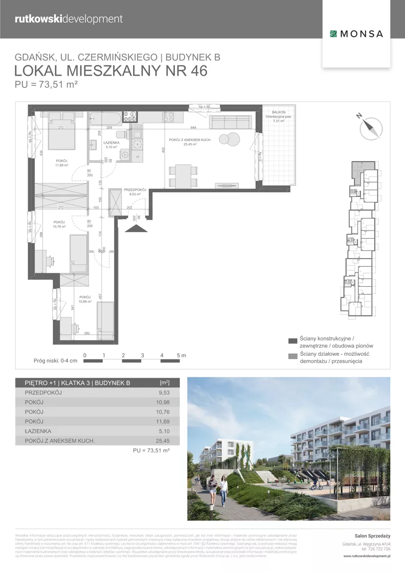 4 pokoje, mieszkanie 73,51 m², piętro 1, oferta nr M46, Monsa etap 6, Gdańsk, Jasień, Rębowo, ul. Konrada Guderskiego