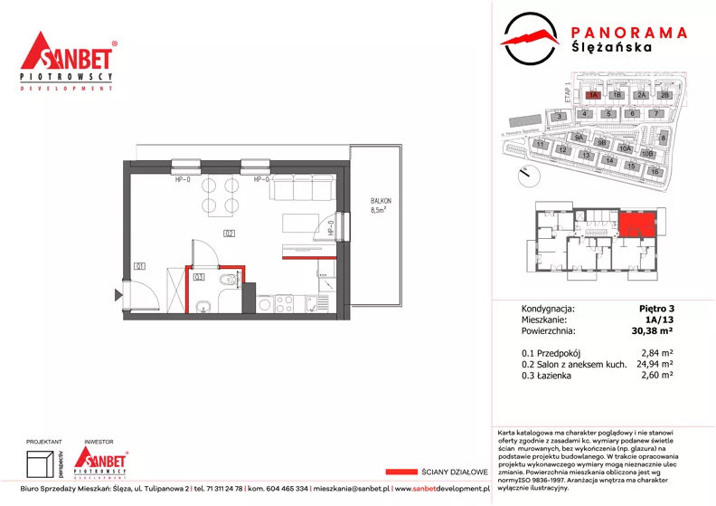 1 pokój, mieszkanie 30,38 m², piętro 3, oferta nr 1A/13, Panorama Ślężańska, Sobótka, ul. Panoramy Ślężańskiej