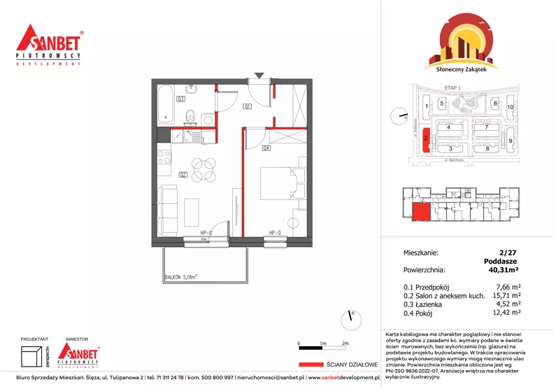 2 pokoje, mieszkanie 40,27 m², piętro 3, oferta nr 2/27, Słoneczny Zakątek – mieszkania, Kąty Wrocławskie, ul. Bazyliowa/Imbirowa