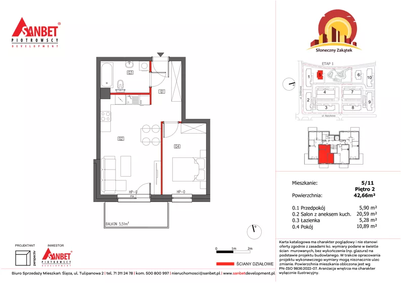 2 pokoje, mieszkanie 42,59 m², piętro 2, oferta nr 5/11, Słoneczny Zakątek – mieszkania, Kąty Wrocławskie, ul. Bazyliowa/Imbirowa