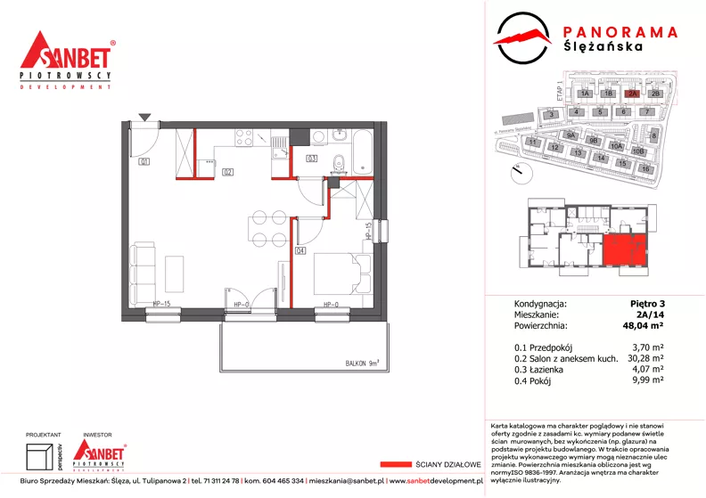 2 pokoje, mieszkanie 48,04 m², piętro 3, oferta nr 2A/14, Panorama Ślężańska, Sobótka, ul. Panoramy Ślężańskiej