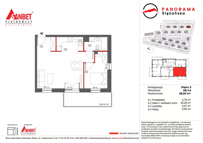 2 pokoje, mieszkanie 48,04 m², piętro 3, oferta nr 2B/14, Panorama Ślężańska, Sobótka, ul. Panoramy Ślężańskiej
