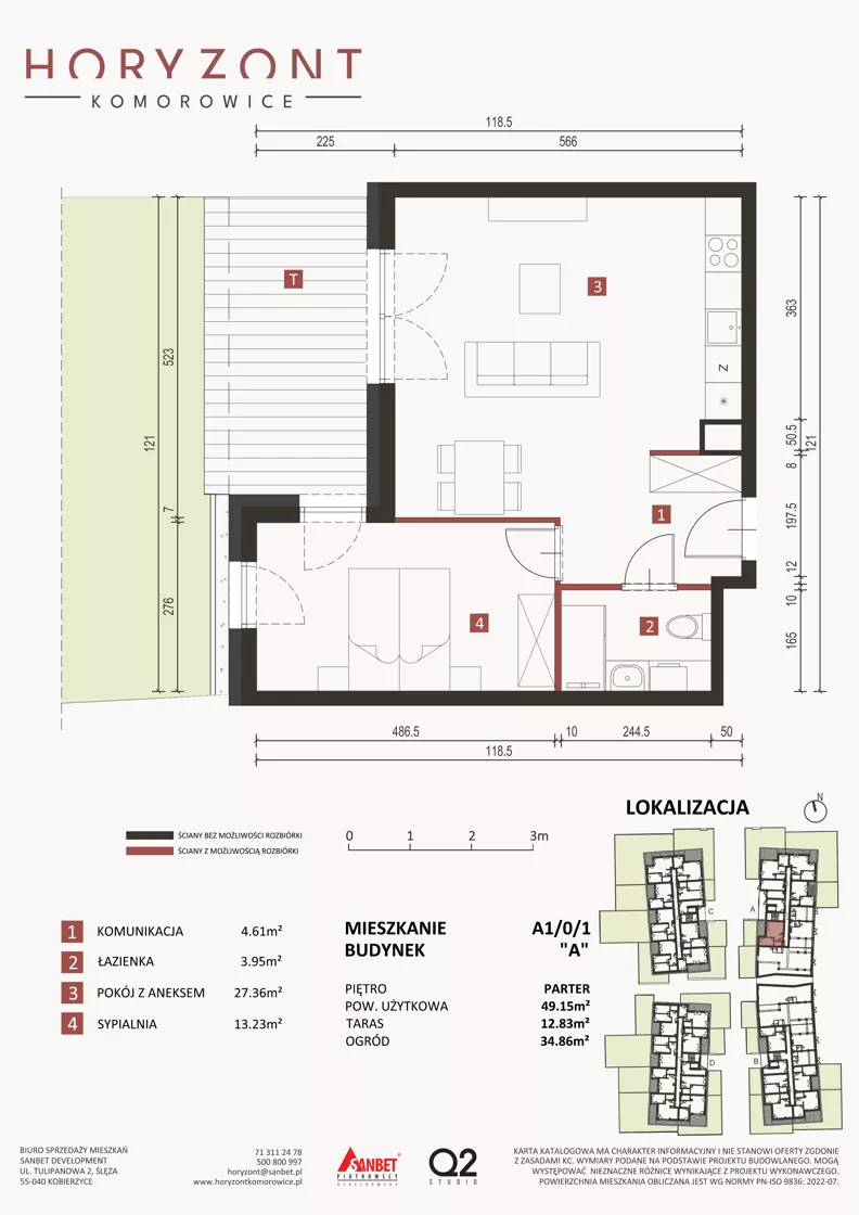 2 pokoje, mieszkanie 49,15 m², parter, oferta nr A1/0/1, Horyzont Komorowice, Komorowice, ul. Starobaśniowa