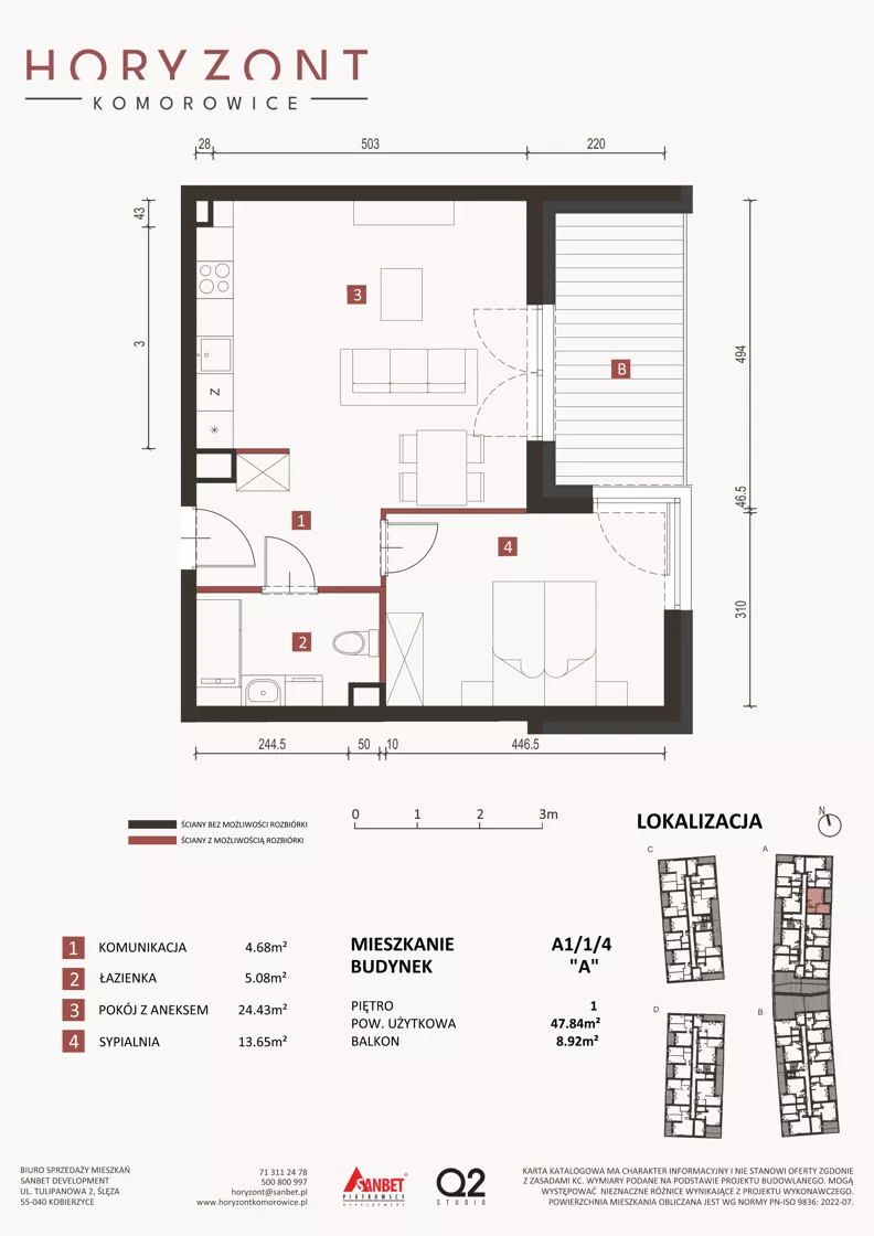 2 pokoje, mieszkanie 47,84 m², piętro 1, oferta nr A1/1/4, Horyzont Komorowice, Komorowice, ul. Starobaśniowa