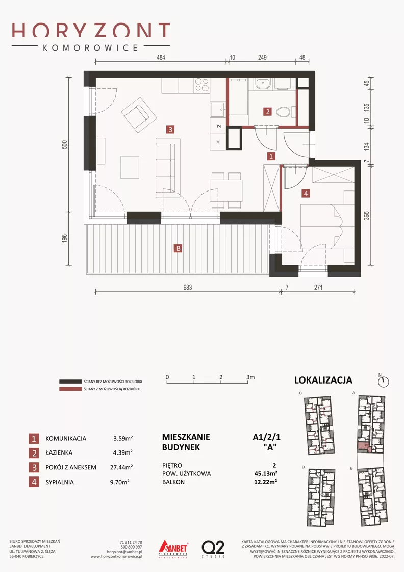 2 pokoje, mieszkanie 45,13 m², piętro 2, oferta nr A1/2/1, Horyzont Komorowice, Komorowice, ul. Starobaśniowa
