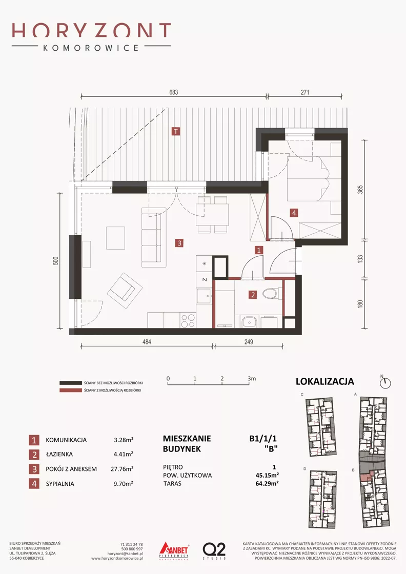 2 pokoje, mieszkanie 45,15 m², piętro 1, oferta nr B1/1/1, Horyzont Komorowice, Komorowice, ul. Starobaśniowa