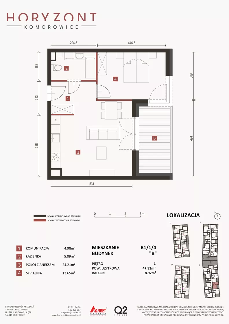 2 pokoje, mieszkanie 47,93 m², piętro 1, oferta nr B1/1/4, Horyzont Komorowice, Komorowice, ul. Starobaśniowa