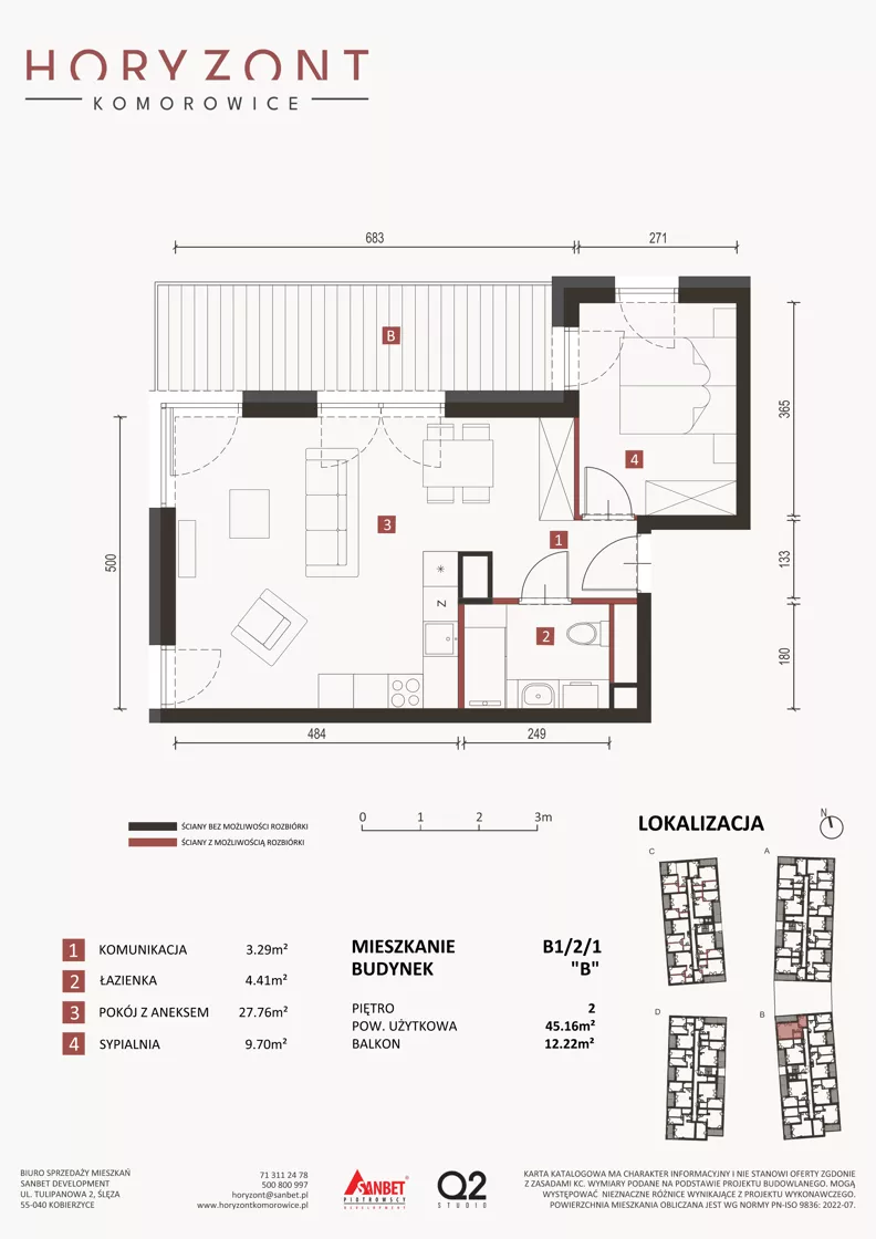 2 pokoje, mieszkanie 45,16 m², piętro 2, oferta nr B1/2/1, Horyzont Komorowice, Komorowice, ul. Starobaśniowa