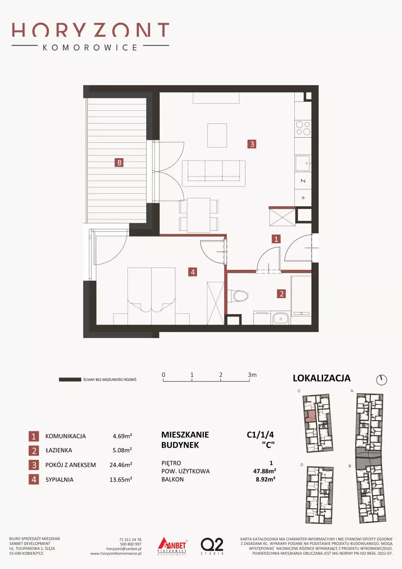 2 pokoje, mieszkanie 47,88 m², piętro 1, oferta nr C1/1/4, Horyzont Komorowice, Komorowice, ul. Starobaśniowa