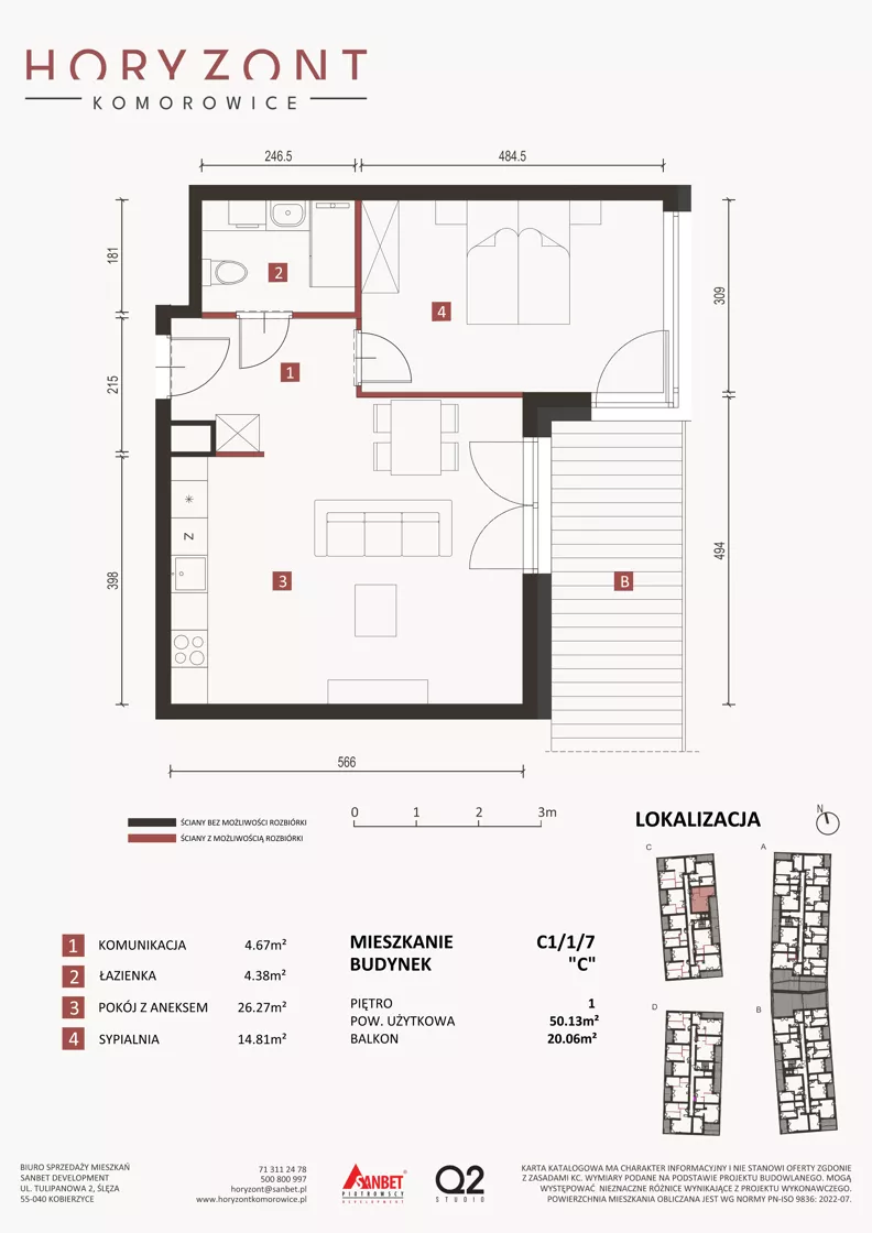 2 pokoje, mieszkanie 50,13 m², piętro 1, oferta nr C1/1/7, Horyzont Komorowice, Komorowice, ul. Starobaśniowa