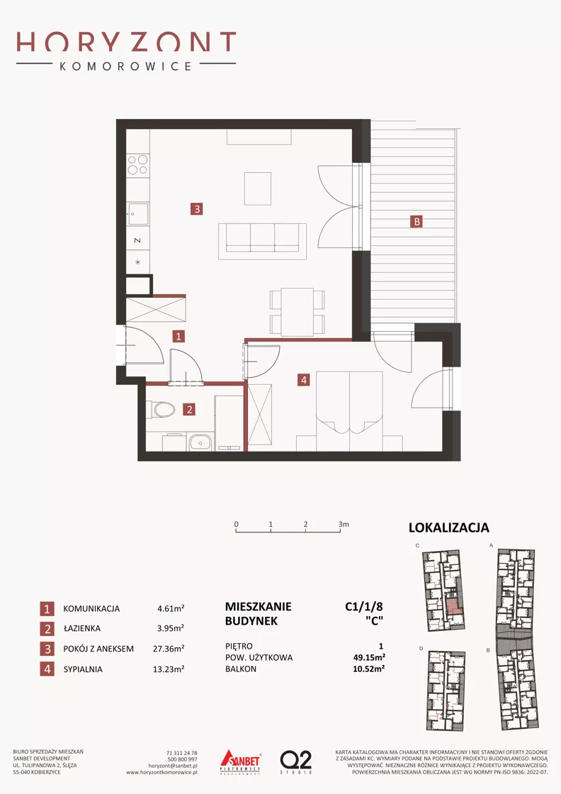 2 pokoje, mieszkanie 49,15 m², piętro 1, oferta nr C1/1/8, Horyzont Komorowice, Komorowice, ul. Starobaśniowa