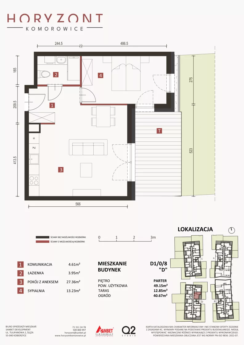 2 pokoje, mieszkanie 49,15 m², parter, oferta nr D1/0/8, Horyzont Komorowice, Komorowice, ul. Starobaśniowa