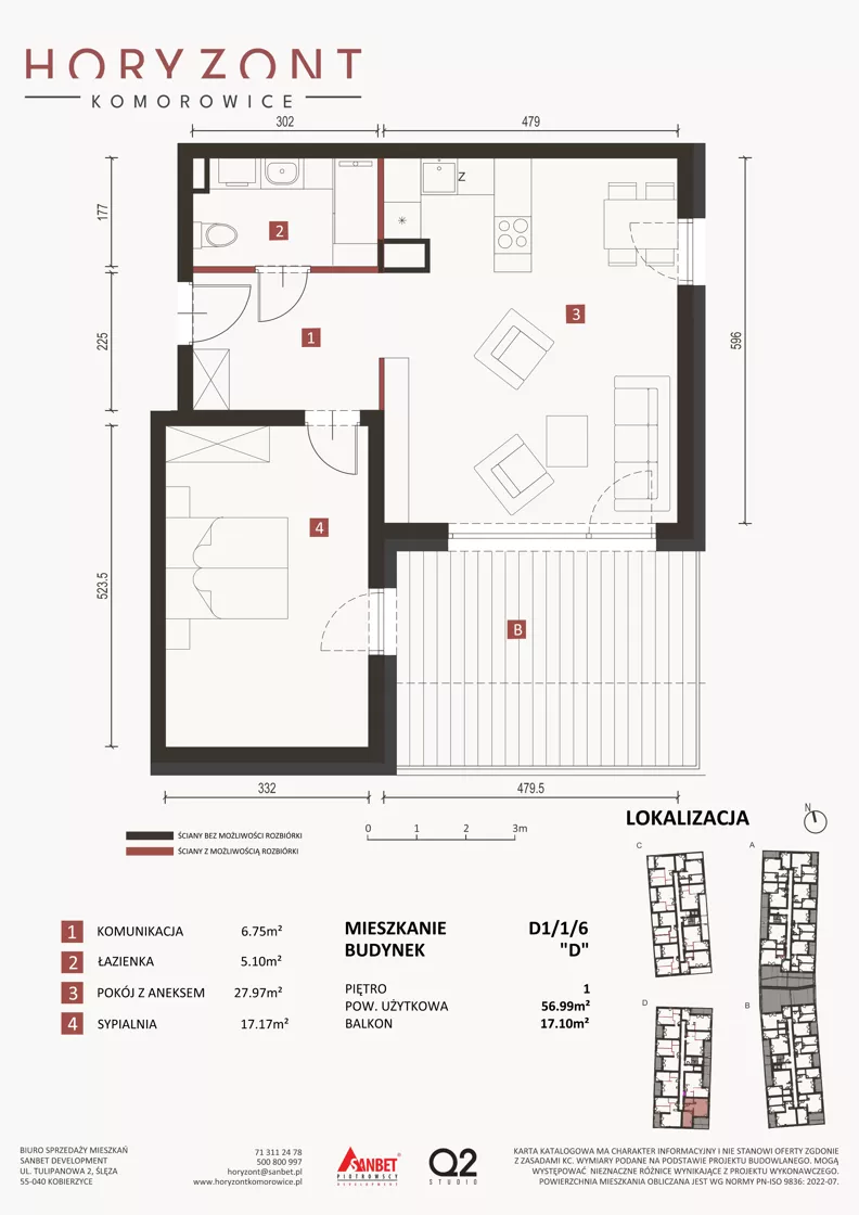 2 pokoje, mieszkanie 56,99 m², piętro 1, oferta nr D1/1/6, Horyzont Komorowice, Komorowice, ul. Starobaśniowa