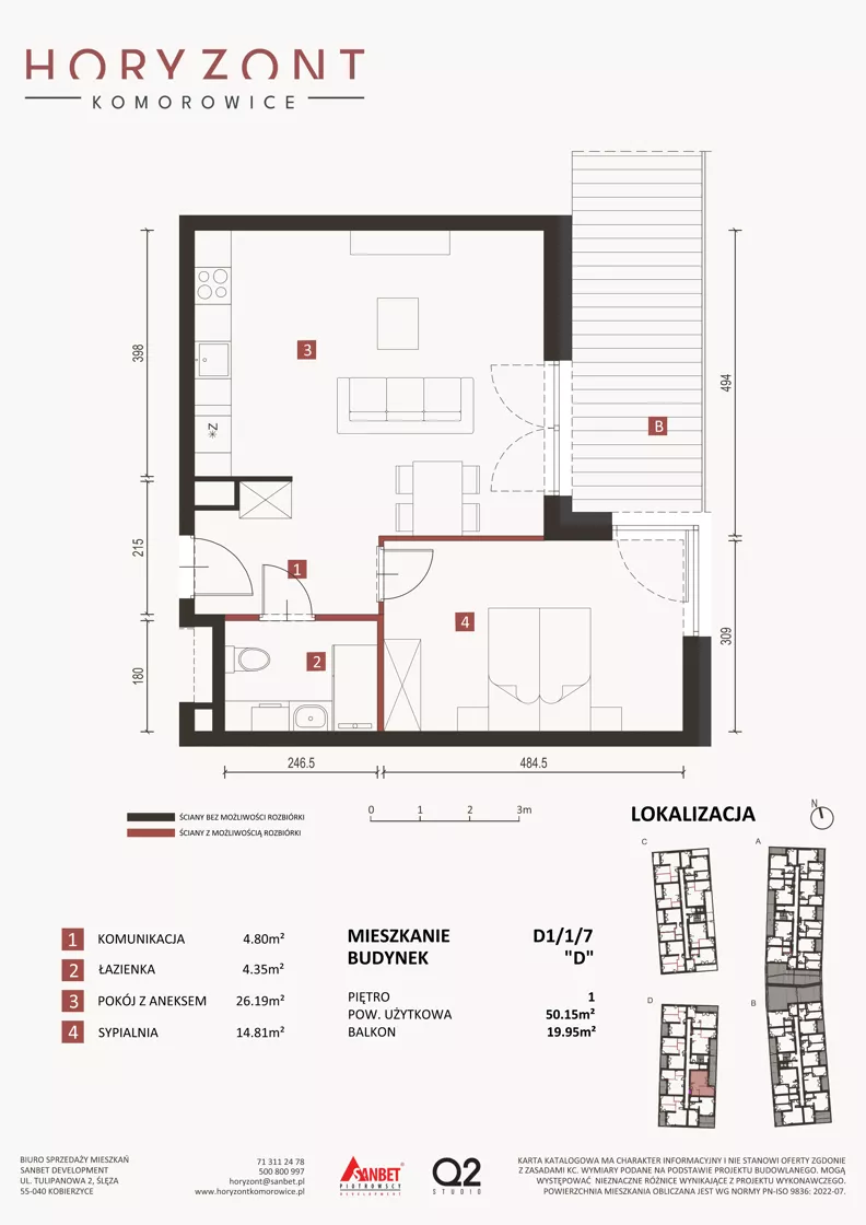 2 pokoje, mieszkanie 50,15 m², piętro 1, oferta nr D1/1/7, Horyzont Komorowice, Komorowice, ul. Starobaśniowa