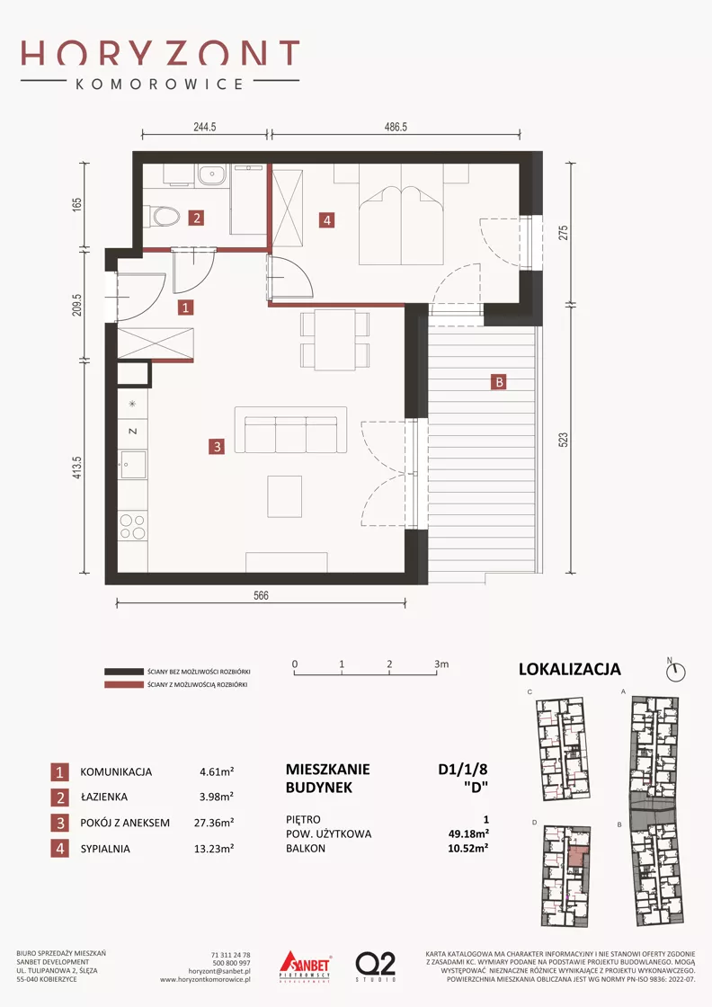 2 pokoje, mieszkanie 49,18 m², piętro 1, oferta nr D1/1/8, Horyzont Komorowice, Komorowice, ul. Starobaśniowa