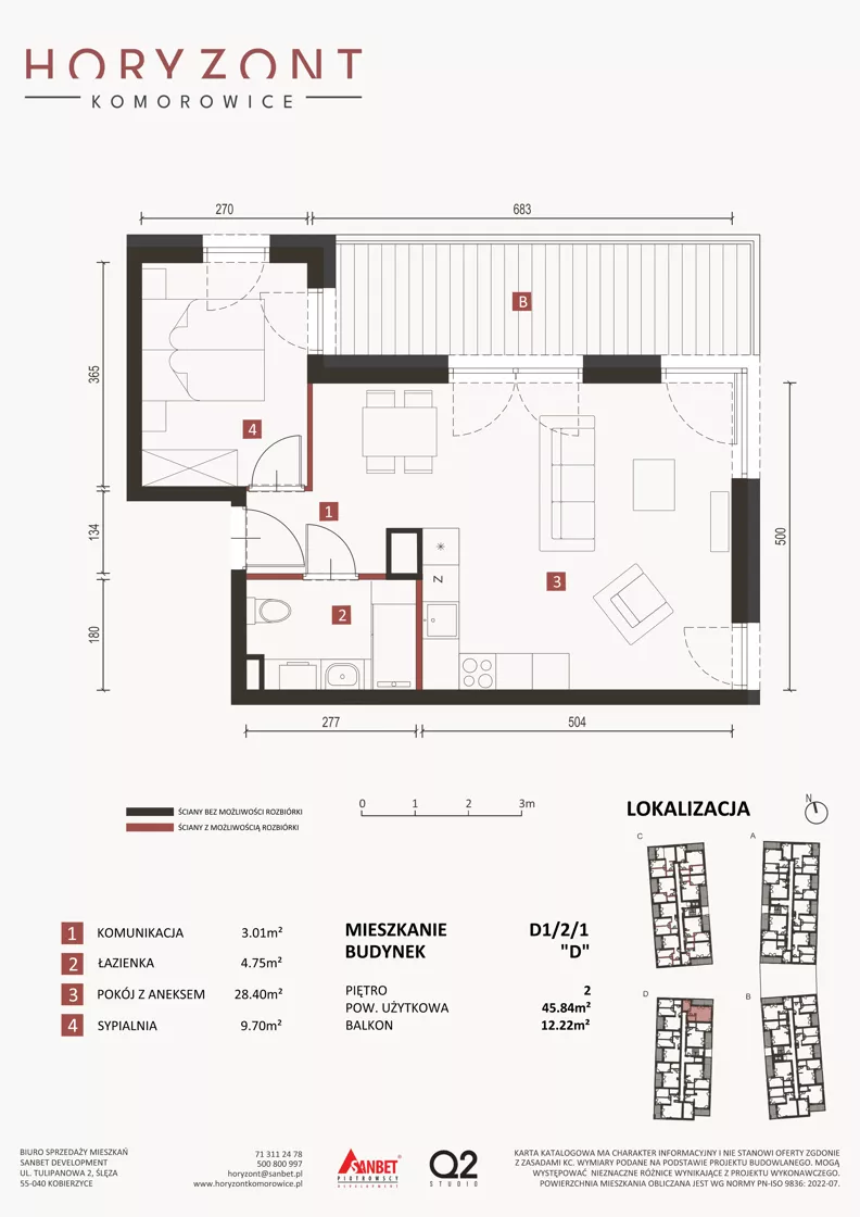 2 pokoje, mieszkanie 45,84 m², piętro 2, oferta nr D1/2/1, Horyzont Komorowice, Komorowice, ul. Starobaśniowa