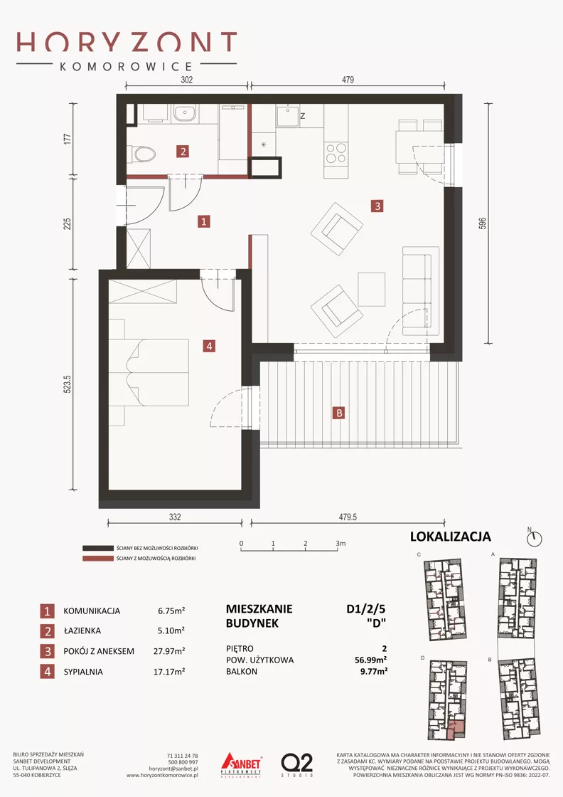 2 pokoje, mieszkanie 56,99 m², piętro 2, oferta nr D1/2/5, Horyzont Komorowice, Komorowice, ul. Starobaśniowa