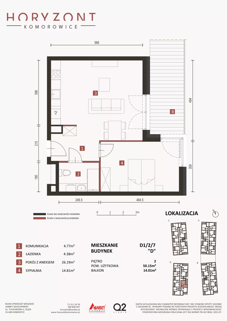 2 pokoje, mieszkanie 50,15 m², piętro 2, oferta nr D1/2/7, Horyzont Komorowice, Komorowice, ul. Starobaśniowa